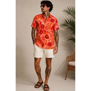 Retro rifle high tide orange floral Hawaiian button down camp shirt men's medium
